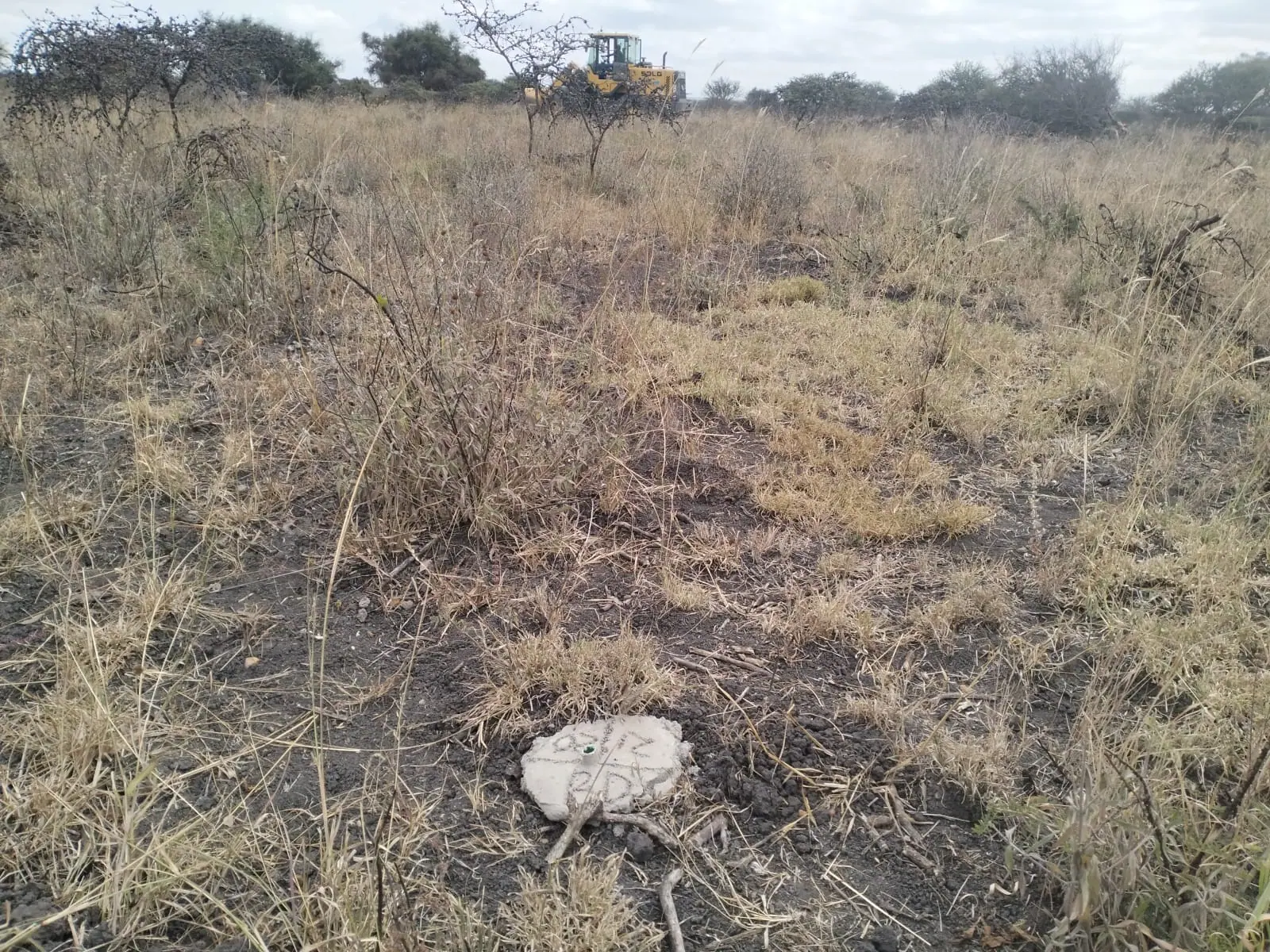 A numbered survey beacon marking a plot boundary at Buena Vista Gardens, Konza, with a grader working the access road behind